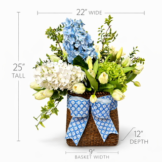 JARAD SIMPSON 25" X 40" BL/GR DOOR HANGER FLORAL DESIGN IN LARGE BASKET WITH BOW