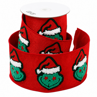 4" X 5 YDS RED VELVET GREEN MONSTER DUPION BACKED RIBBON