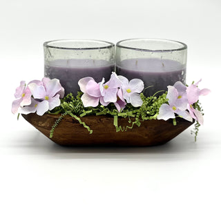 Purple Orchard Set of 2-12 oz Candles in a Wooden Dough Bowl Gift Set