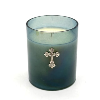 14OZ BLUE HYDRANGEA BLUE GLASS CANDLE WITH SILVER CROSS