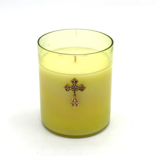 14OZ CAPE JASMINE GREEN GLASS CANDLE WITH GOLD CROSS