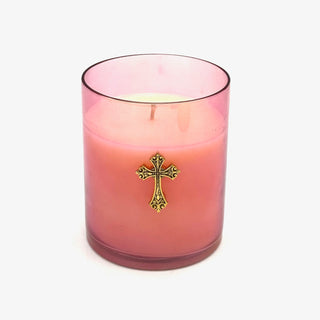 14OZ SPRING HYACINTH PINK GLASS CANDLE WITH GOLD CROSS