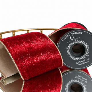 4"X5YD RED SHIMMER VELVET WITH LT GOLD METALLIC DUPION BACK RIBBON