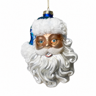 6.5" Glass Santa ornament with blue/green plaid hat