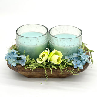 Blue Hydrangea Set of 2-12oz Candle in a Wooden Dough Bowl Gift Set