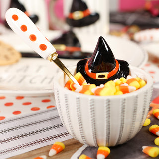 Black/White Ticking Witches Hat Halloween Bowl With Spoon