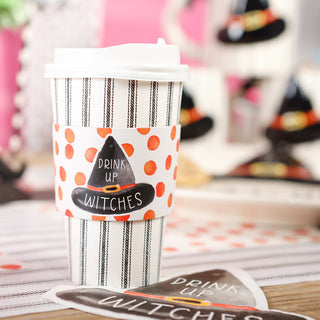 Set Of 8 Cups - Black Ticking With Orange Witch Hat Sleeve Hot/Cold Cups With Lids