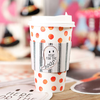 Set Of 8 Cups - Orange Polka Dot With Black Ticking Ghost Hot/Cold Cup With Lids