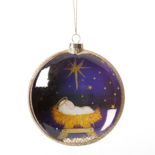 4.5" GLASS DISK ORN JESUS IN A MANGER