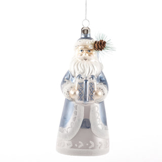 6" BLUE/WHITE SANTA GLASS ORNAMENT