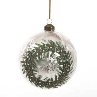 4.5" SILVER/GREEN WREATH GLASS BALL ORN STYLE A