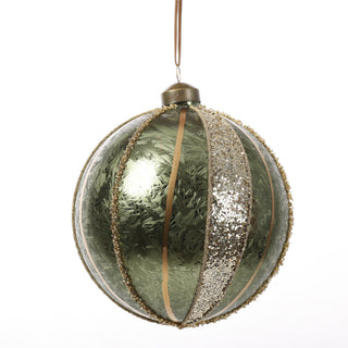 4.5" GREEN/GOLD STRIPE GLASS BALL ORN STYLE A