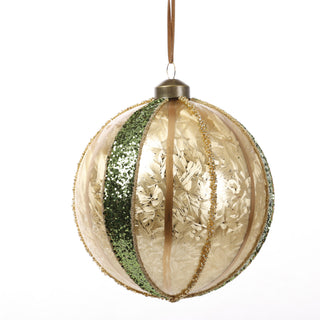 4.5" GREEN/GOLD STRIPE GLASS BALL ORN STYLE B