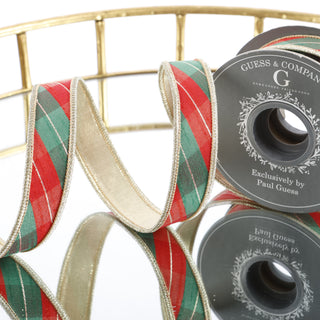 1"X 5 YD RED/GREEN/GOLD DUPION PLAID CHECKS WITH LT GOLD METALLIC DUPION BACK RIBBON