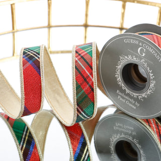 1" RED/GREEN/BLACK/BLUE PLAID CHECKS LT GOLD METALLIC DUPION BACK RIBBON