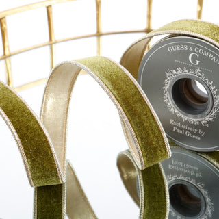 1" OLIVE GREEN PLUSH VELVET WITH LT GOLD BACK RIBBON