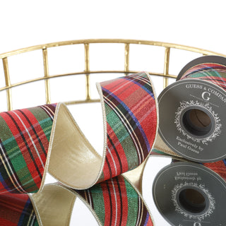 2.5"X 5 YD RED/GREEN/BLACK/BLUE PLAID CHECKS LT GOLD METALLIC DUPION BACK RIBBON