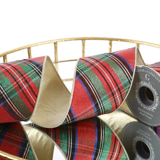 4" X 5 YD RED/GREEN/BLACK/BLUE PLAID CHECKS LT GOLD METALLIC DUPION BACK RIBBON
