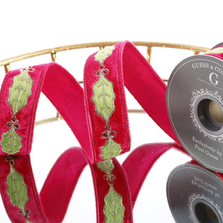 1.5" X 5 YD EMB WITH STONES ON FUCHSIA PINK VELVET AND MATCHING BACK RIBBON