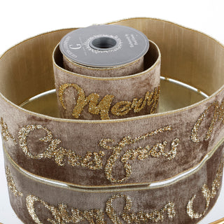 4" GLITTER PRINT ON BROWN PLUSH VELVET WITH LT GOLD METALLIC DUPION BACK RIBBON