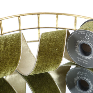 2.5" X 5 YDS OLIVE GREEN PLUSH VELVET WITH LT GOLD DUPION BACK RIBBON