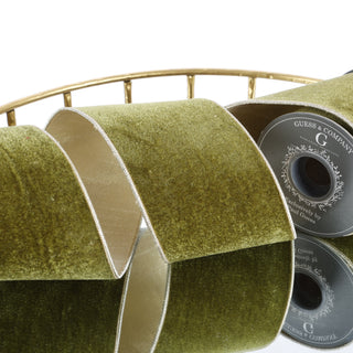 4" X 5 YDS OLIVE GREEN PLUSH VELVET WITH LT GOLD DUPION BACK RIBBON