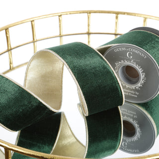 2.5" X 5 YDS EMERALD GREEN PLUSH VELVET WITH LT GOLD BACK RIBBON