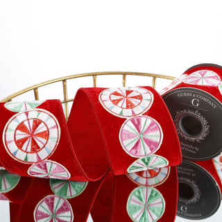 4" X 5 YDS EMB ON RED PLUSH VELVET WITH RED DUPION BACK RIBBON