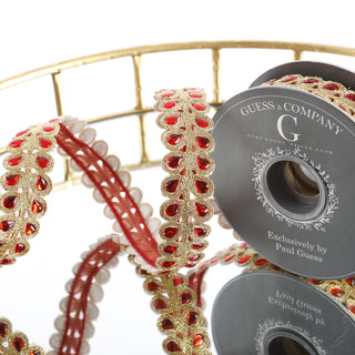 1" BEADED FLORAL EMBROIDERY TRIM WITH RED STONE DUPION BACK RIBBON