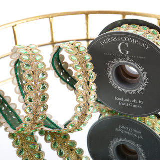 1" BEADED FLORAL EMBROIDERY TRIM WITH LIME STONE RIBBON