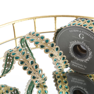 1" BEADED FLORAL EMBROIDERY TRIM WITH EMERALD STONE RIBBON