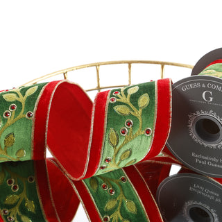 4"X 5 YD SEQ EMBROIDERY ON RED VELVET WITH RED DUPION BACK RIBBON