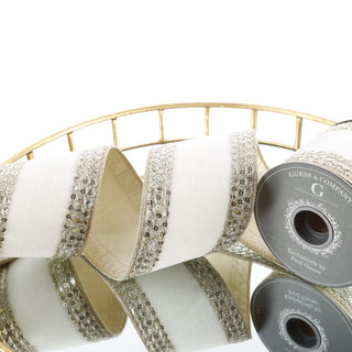4" X 5 YD GOLD TRIM ON WHITE VELVET WITH LT GOLD DUPION BACK RIBBON