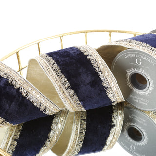 4"X 5 YD TRIM ON NAVY PLUSH VELVET WITH LIGHT GOLD METALLIC DUPION BACK