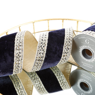 4" X 5 YD GOLD TRIM ON NAVY PLUSH VELVET WITH LT GOLD DUPION BACK RIBBON