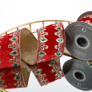 4" EMBROIDERY WITH STONE ON RED PLUSH VELVET WITH LIGHT GOLD METALLIC DUPION BACK