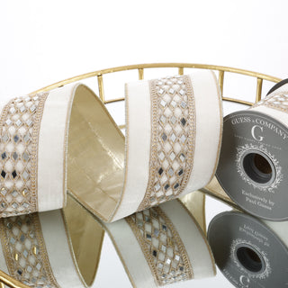 4" X 5 YD GOLD TRIM ON WHITE VELVET WITH LT GOLD DUPION BACK RIBBON