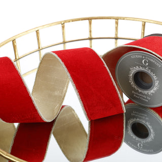 2.5" X 5 YDS RED PLUSH VELVET WITH LT GOLD BACK RIBBON