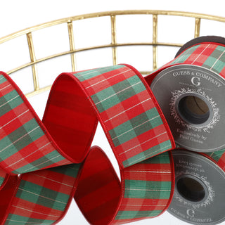 4" X 5 YD RED, GREEN & GOLD CHECK DUPION WITH RED DUPION BACK RIBBON