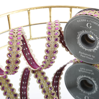 1" x 5 YD BEADED FLORAL EMBROIDERY TRIM WITH PURPLE STONE RIBBON