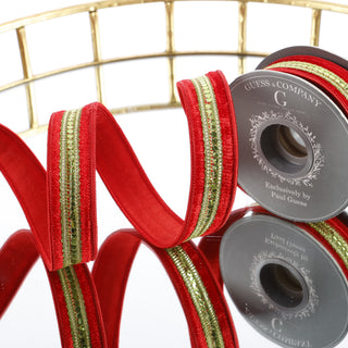 1" TRIM ON RED PLUSH VELVET WITH SAME DUPION BACK RIBBON
