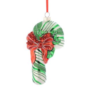 4.7" x 3" x 1.5" GLASS CANDY CANE ORNAMENT GREEN