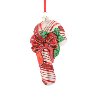 4.7" x 3" x 1.5" GLASS CANDY CANE ORNAMENT RED