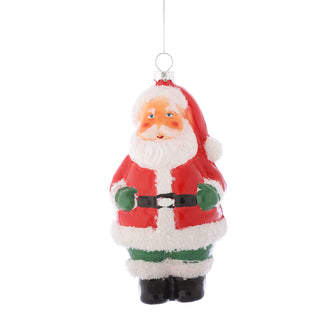 5.5" x 3.2" GLASS SANTA ORN-GRN/RED