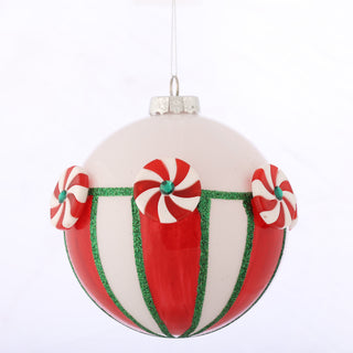 5"D GLASS BALL RD/GR/WH Peppermint ORN