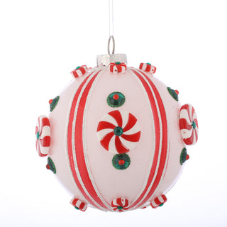 5" D GLASS BALL RD/WH Peppermint ORN