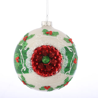 D 4" GLASS BALL Rd/Wh/Gr Reflector ORN,2 ASST