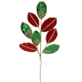 27.5IN Glitter Leaves Spray, Red Green
