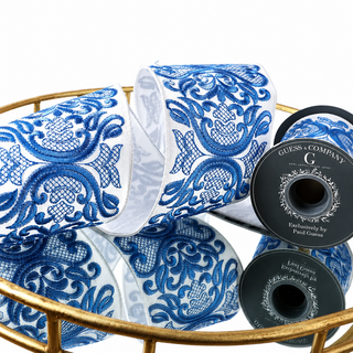 4" WHITE WITH BLUE SCROLL EMBROIDEREY DESIGN RIBBON 5YD