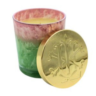 10OZ TUTTI FRUITY IN GREEN/PINK FLORAL GLASS WITH LUX SIGNATURE GOLD LID (8022880747740)
